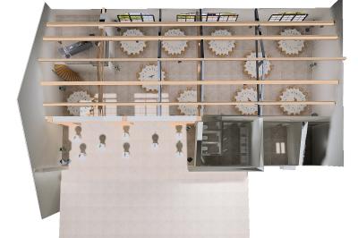 Vue en plongée d'un plan d'aménagement intérieur avec tables rondes, chaises, et espaces délimités par des cloisons.