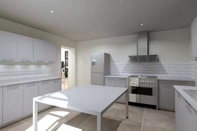 Vue en plongée d'un plan d'aménagement intérieur avec tables rondes, chaises, et espaces délimités par des cloisons.