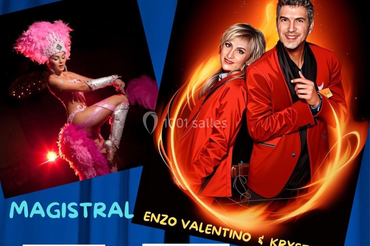 Affiche promotionnelle pour un dîner-spectacle mensuel sur la Péniche Madison à Melun, avec artistes en costumes.