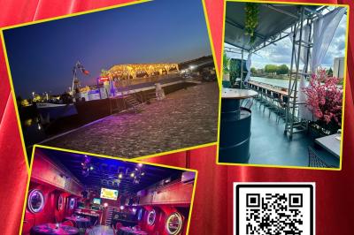 Affiche promotionnelle pour la location d'une péniche à Melun, avec photos de l'intérieur, extérieur et un QR code.