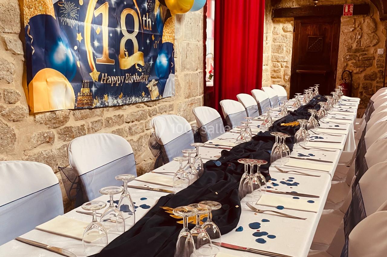 Table décorée pour un 18e anniversaire, avec nappes blanches, chemin de table noir, ballons et bannière festive.