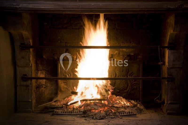 Feu de cheminée allumé avec des flammes vives et des bûches partiellement consumées sur un foyer en pierre.