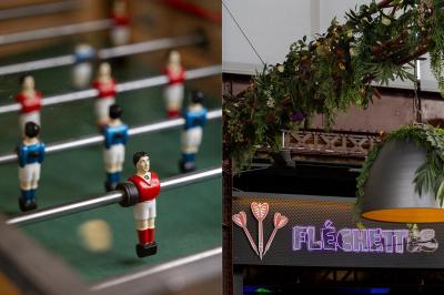 À gauche, des boules de pétanque sur un terrain sablonneux ; à droite, une façade de gare ensoleillée avec une horloge.