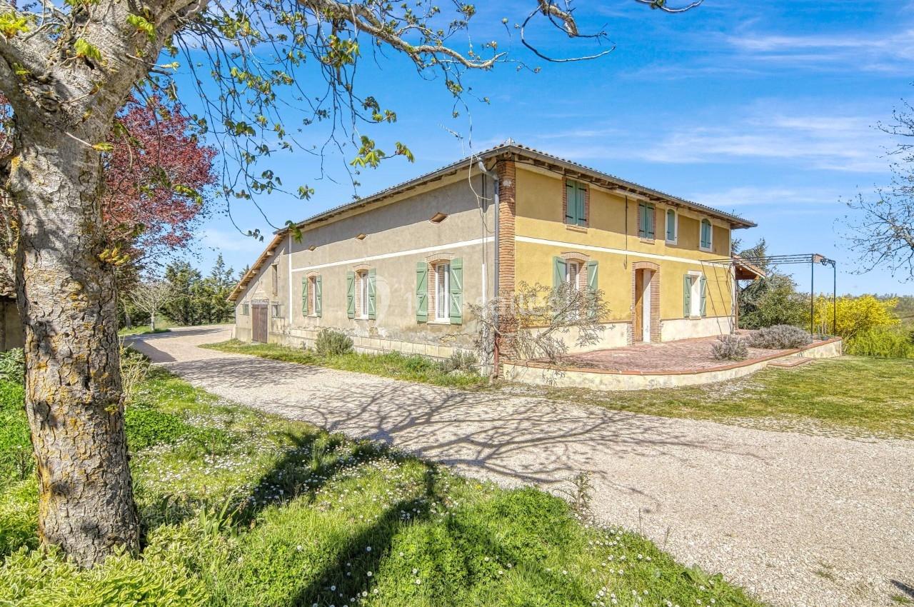 Maison de campagne en pierre avec volets verts, entourée d'un jardin et d'une allée sous un ciel bleu.