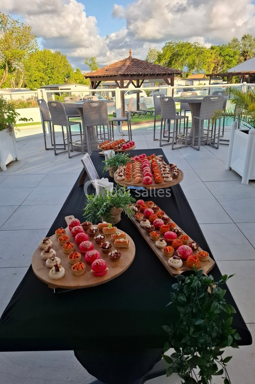 Plateau de bouchées apéritives variées disposé sur une table noire en terrasse avec vue sur un espace extérieur verdoyant.