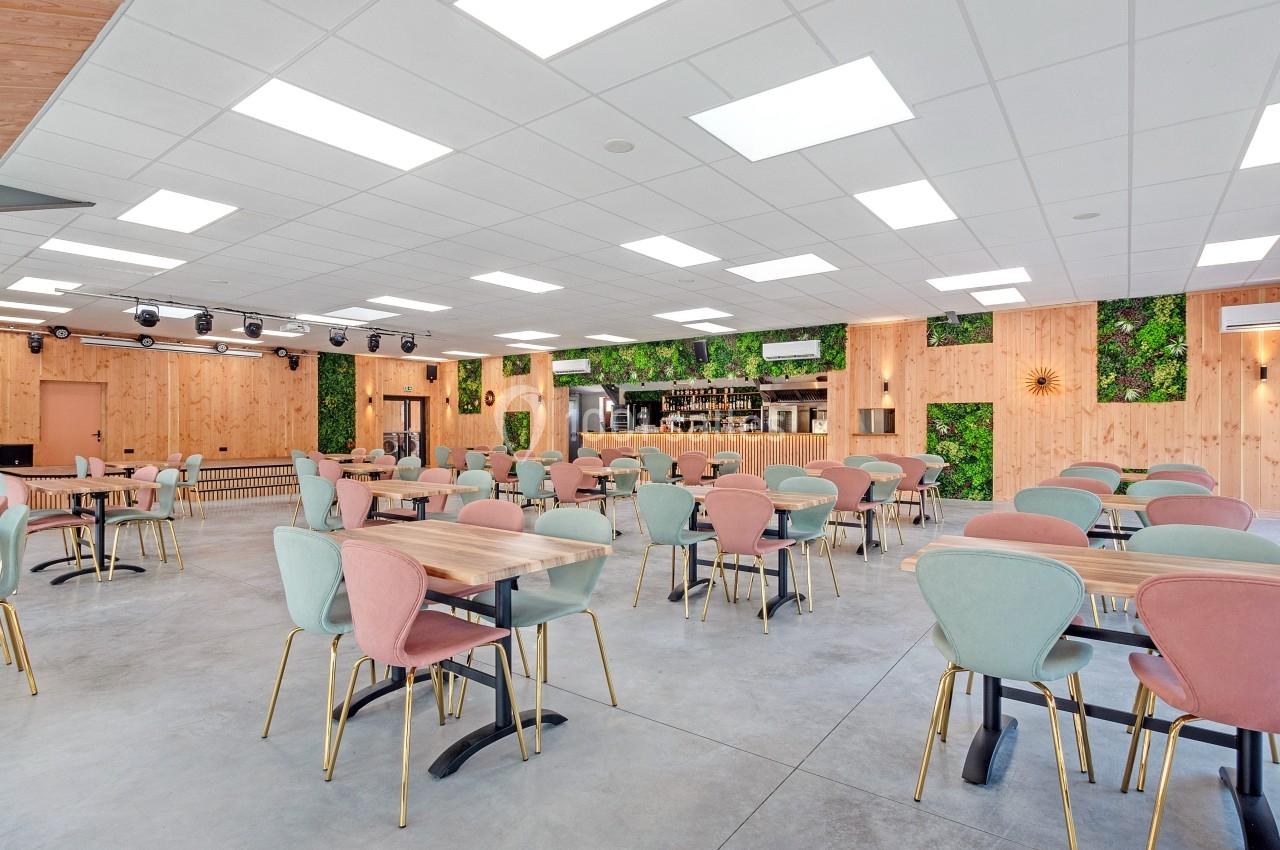 Salle lumineuse avec tables en bois, chaises pastel et murs décorés de panneaux végétaux et de bois clair.