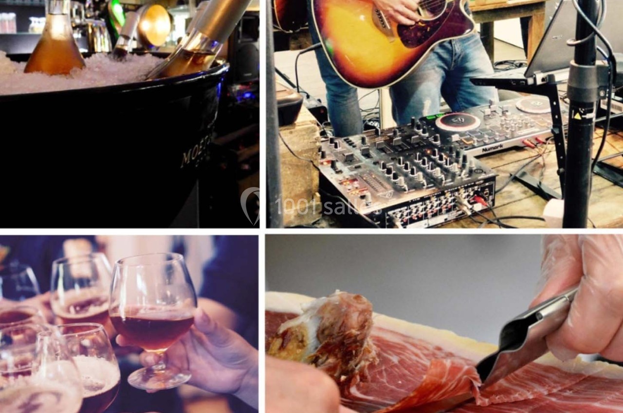 Quatre scènes : bouteilles de vin dans la glace, musicien jouant de la guitare, verres de vin, découpe de jambon.