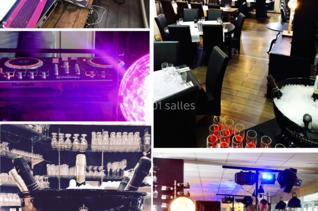 Salle de restaurant avec tables dressées, équipements de DJ, éclairages colorés et seaux de champagne.