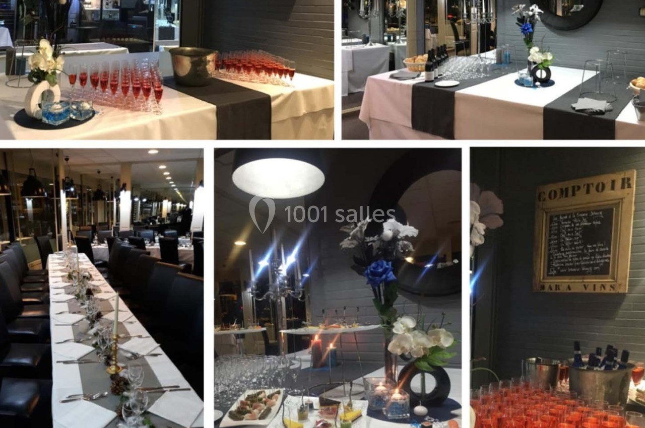 Tables dressées pour un événement avec décorations florales, boissons servies et buffet disposé dans une salle élégante.