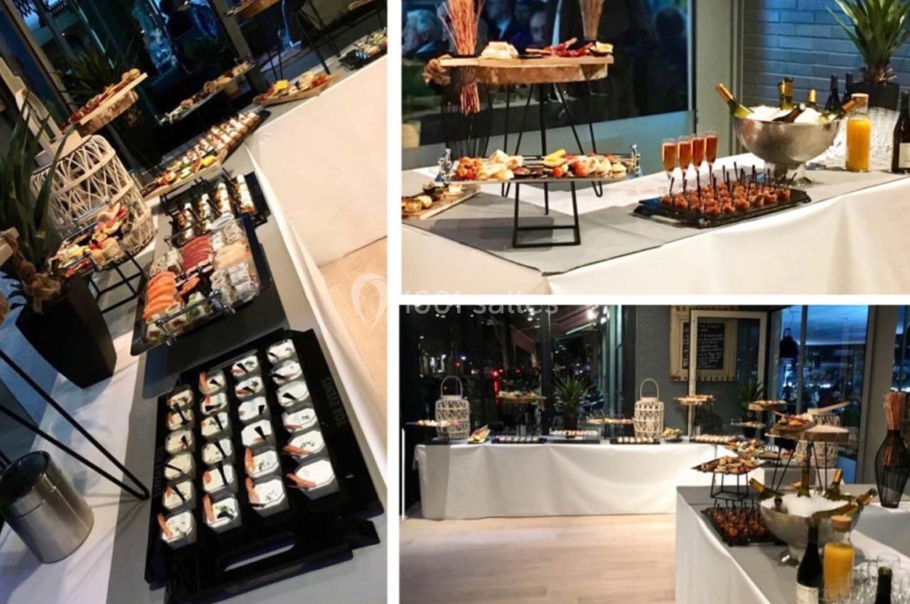 Buffet varié avec plats salés, verrines, sushis et boissons, disposé sur des tables dans une salle lumineuse.
