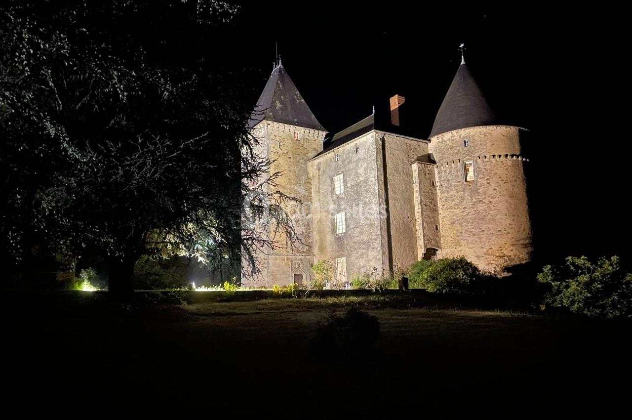 Château en pierre éclairé de nuit, entouré de végétation et partiellement ombragé par un grand arbre.