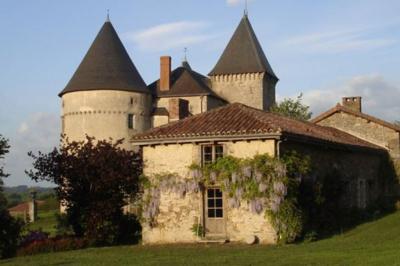 Vue d'un château en pierre entouré d'arbres et d'une pelouse bien entretenue sous un ciel dégagé.