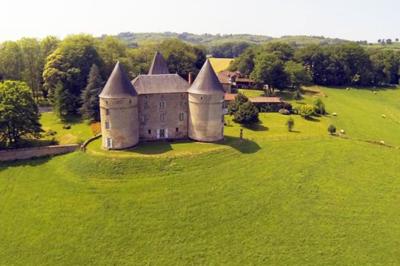Vue d'un château en pierre entouré d'arbres et d'une pelouse bien entretenue sous un ciel dégagé.
