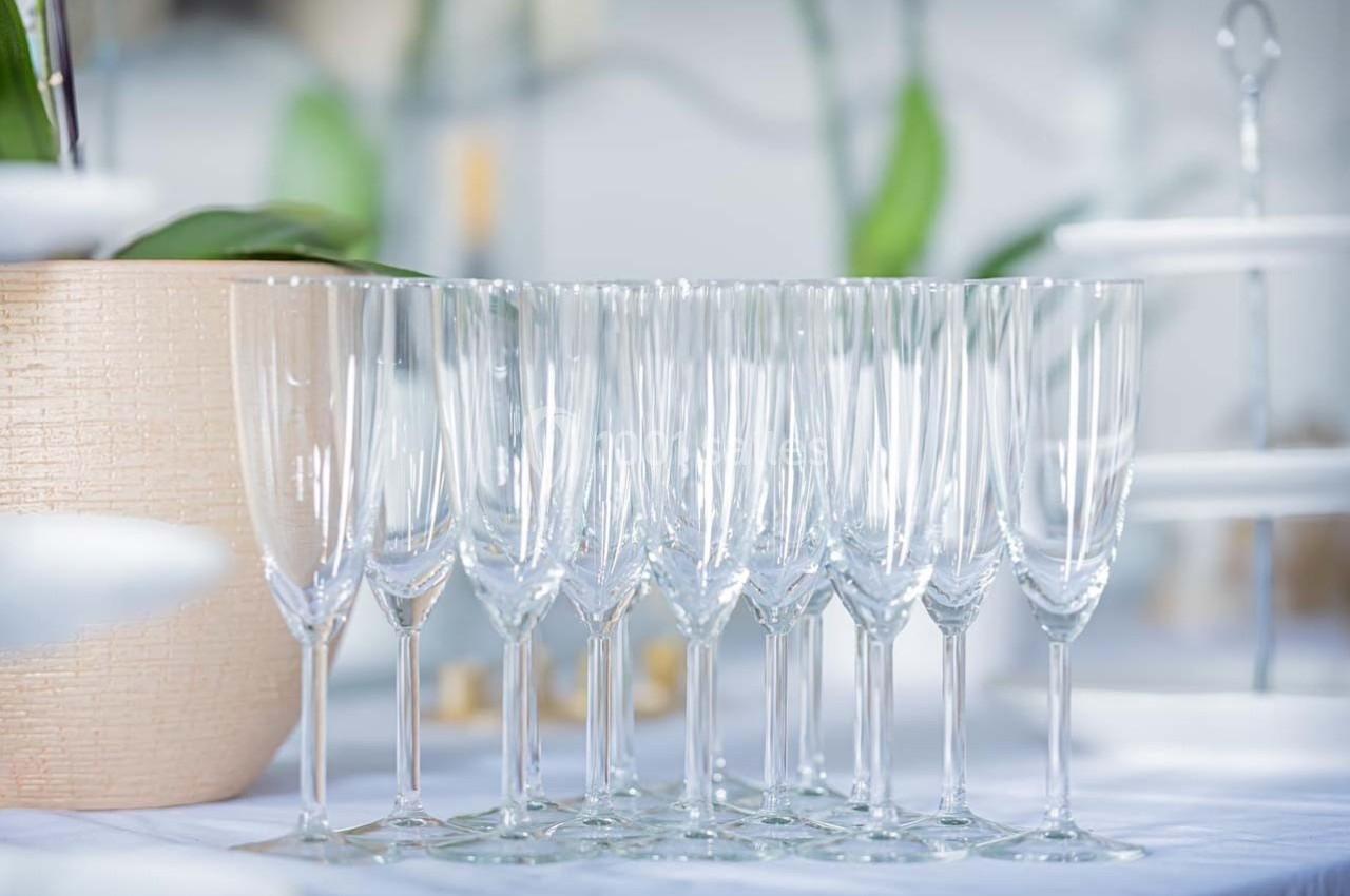 Rangée de flûtes à champagne en verre transparent alignées sur une table blanche, décorée de plantes en arrière-plan.