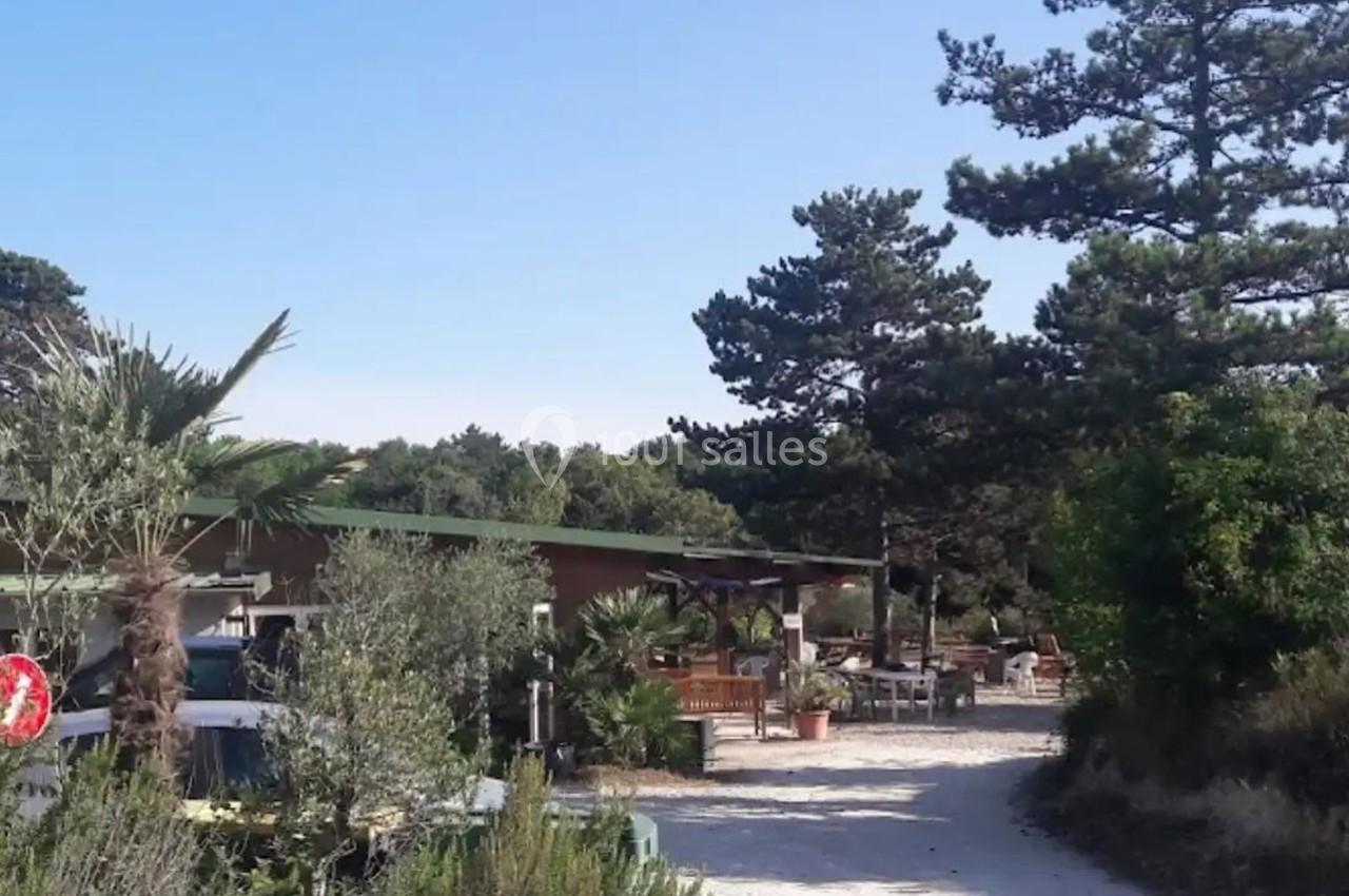 Chemin sablonneux bordé de végétation menant à une terrasse ombragée entourée d'arbres et de plantes.