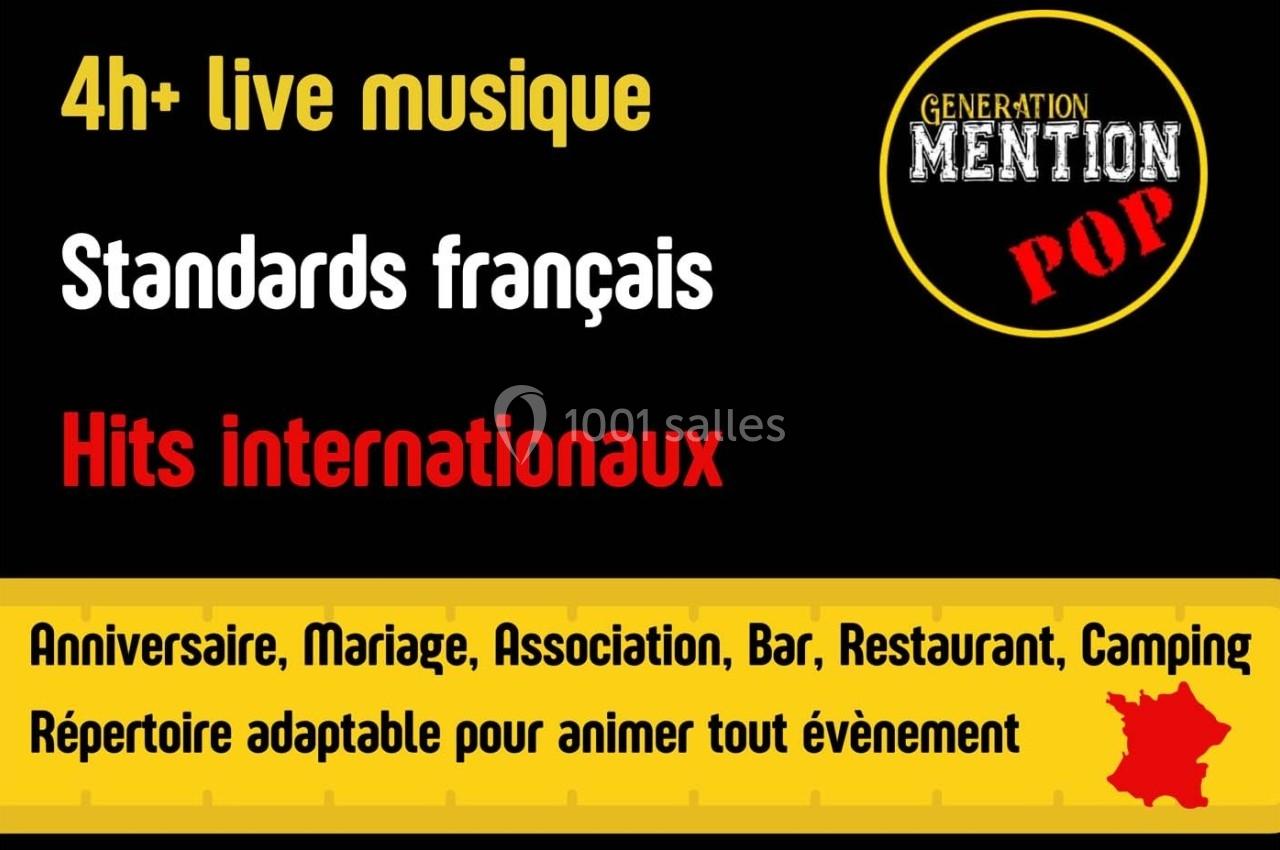 Affiche promotionnelle pour un groupe musical proposant plus de 4 heures de musique live avec un répertoire varié.