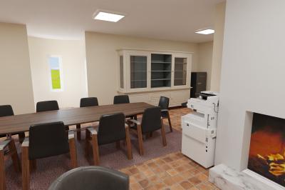 Salle de réunion avec grande table en bois, chaises noires, cheminée allumée et sol en carrelage.
