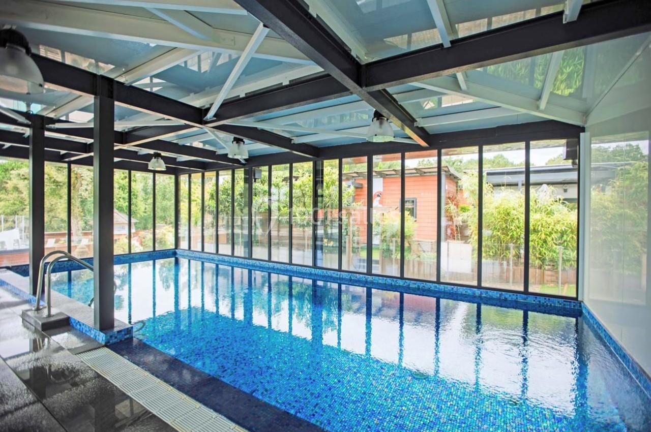 Piscine intérieure avec carrelage bleu, entourée de grandes baies vitrées offrant une vue sur un jardin verdoyant.