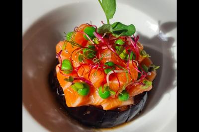 Assiette gastronomique avec saumon, mousse blanche, herbes fraîches et sauce jaune décorée de points verts.
