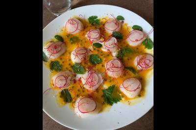 Assiette gastronomique avec saumon, mousse blanche, herbes fraîches et sauce jaune décorée de points verts.