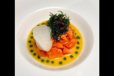 Assiette gastronomique avec saumon, mousse blanche, herbes fraîches et sauce jaune décorée de points verts.