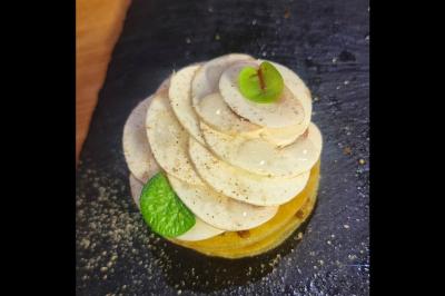 Assiette gastronomique avec saumon, mousse blanche, herbes fraîches et sauce jaune décorée de points verts.