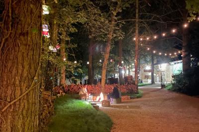 Terrasse en bois aménagée avec des fauteuils, coussins et poufs, entourée d'arbres dans un cadre naturel.