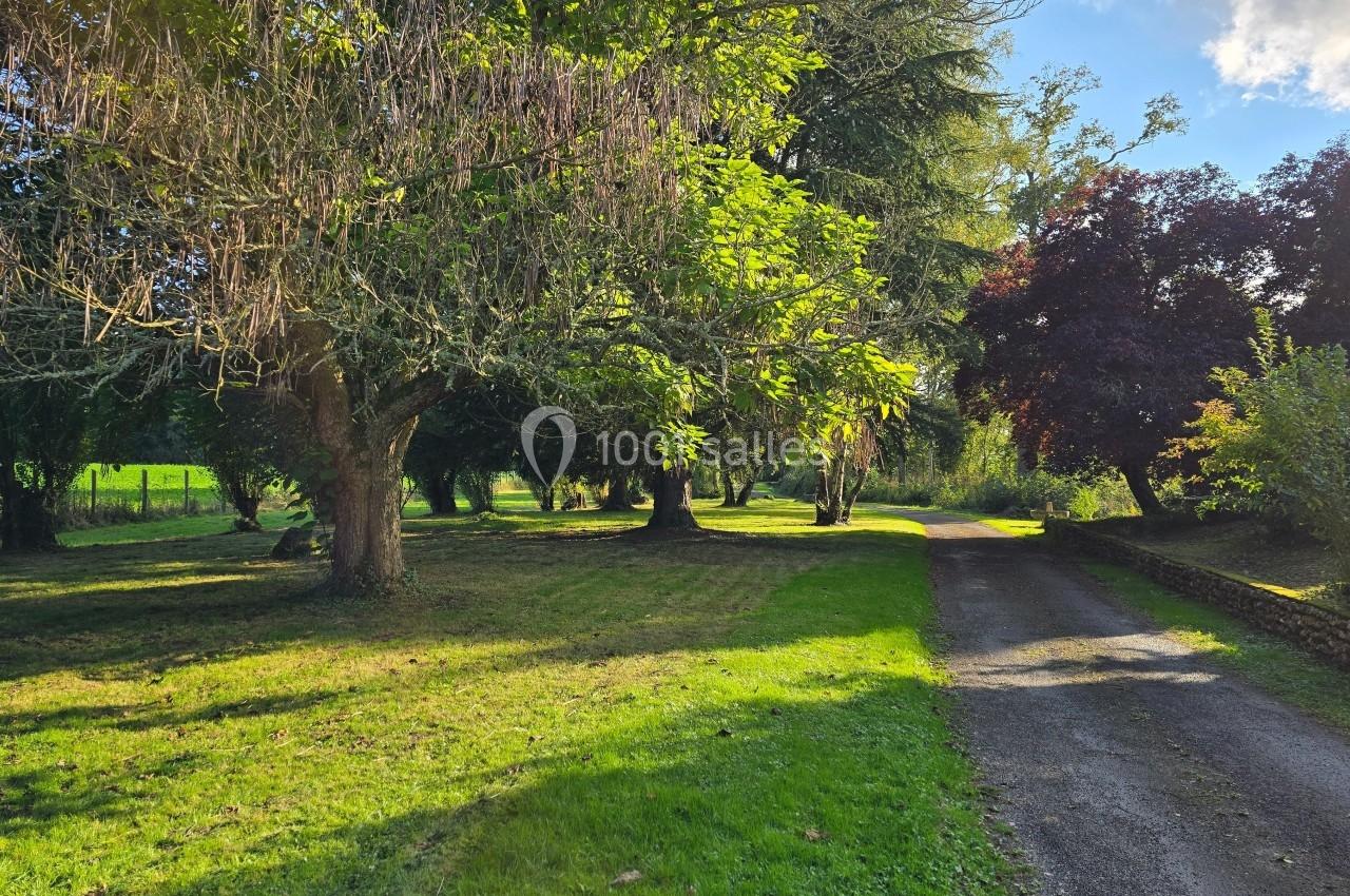 Allée bordée d'arbres dans un jardin verdoyant, éclairée par une lumière naturelle sous un ciel partiellement dégagé.