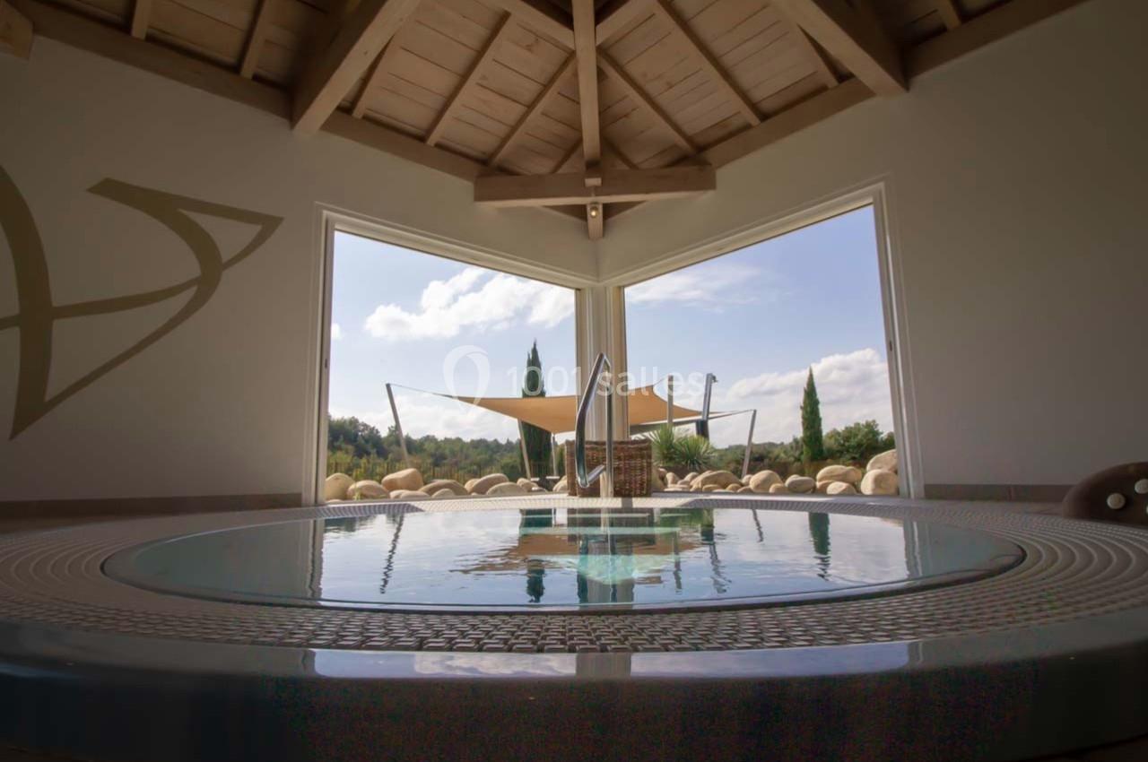 Vue intérieure d'un jacuzzi avec une large ouverture sur un paysage extérieur arboré et ensoleillé.