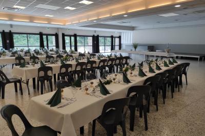 Assiettes dressées avec des roulés de volaille, légumes râpés et décorations de sauce, en préparation en cuisine.