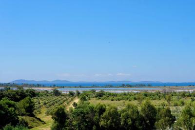 Paysage avec des champs verdoyants, des arbres, un lac en arrière-plan et des collines sous un ciel bleu dégagé.