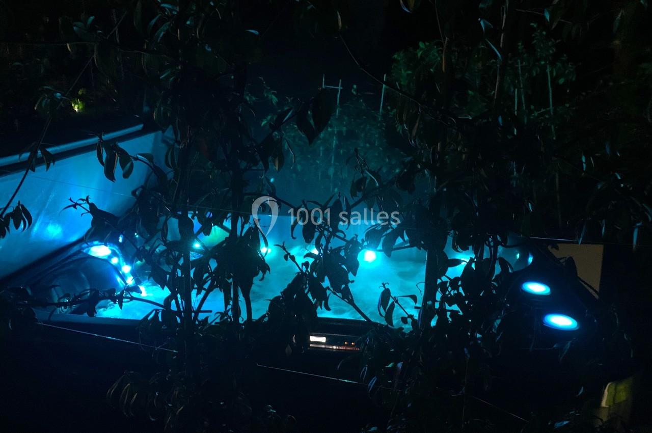 Bain à remous éclairé par des lumières bleues, entouré de végétation dans l'obscurité de la nuit.