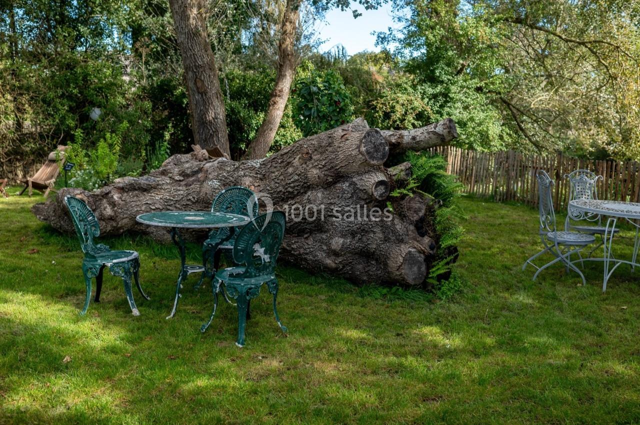 Tronc d'arbre couché sur une pelouse, entouré de mobilier de jardin en métal dans un cadre arboré.