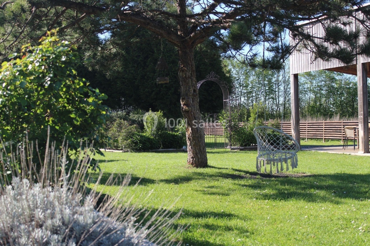 Jardin verdoyant avec un arbre, une chaise suspendue et une pergola en bois sous un ciel dégagé.
