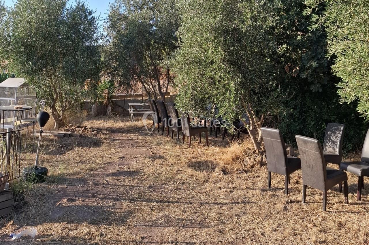 Chaises noires disposées en extérieur sur un sol en terre, entourées d'arbres et de végétation.