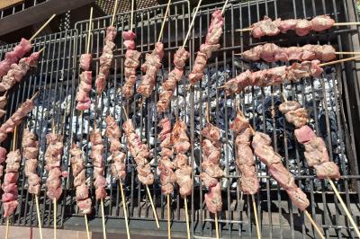 Brochettes de viande en train de griller sur un barbecue à charbon.