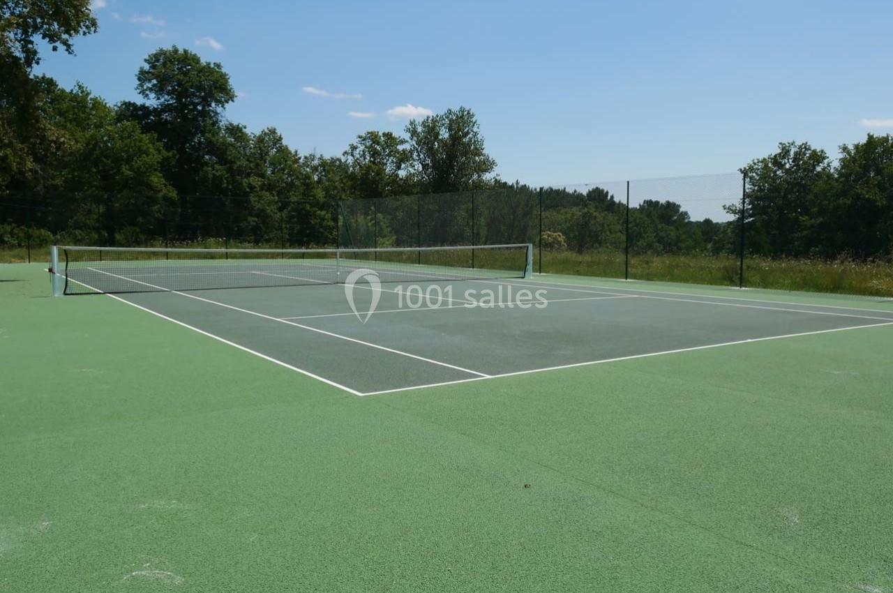 Terrain de tennis extérieur en gazon synthétique, entouré de végétation et clôturé par un grillage.