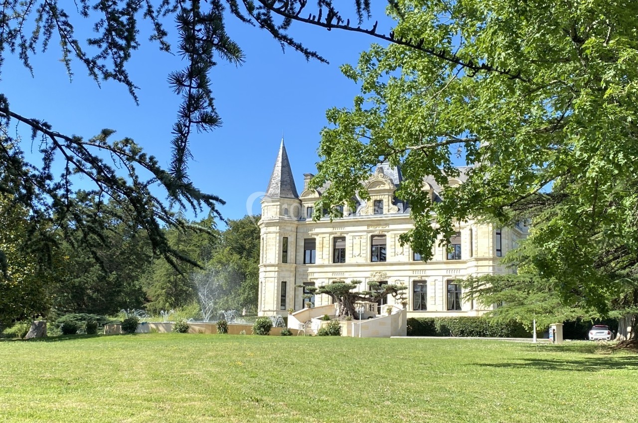 Château en pierre entouré de pelouses et d'arbres, avec un ciel bleu dégagé en arrière-plan.