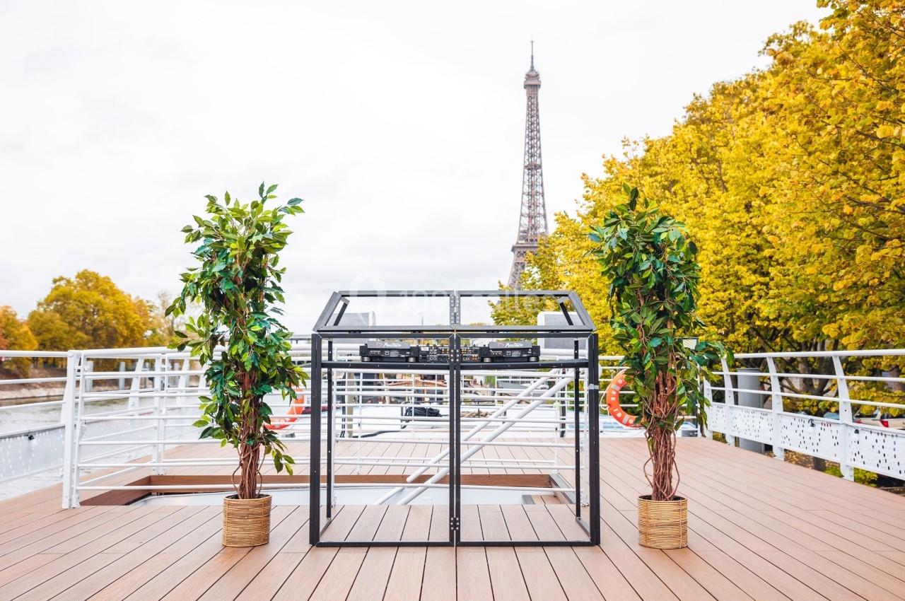 Serre en métal sur une terrasse en bois, entourée de deux plantes en pot, avec la tour Eiffel en arrière-plan.