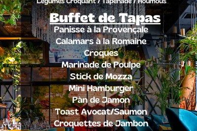 Carte d'un menu événementiel affichant des options d'apéritifs, un buffet de tapas varié et des informations tarifaires.