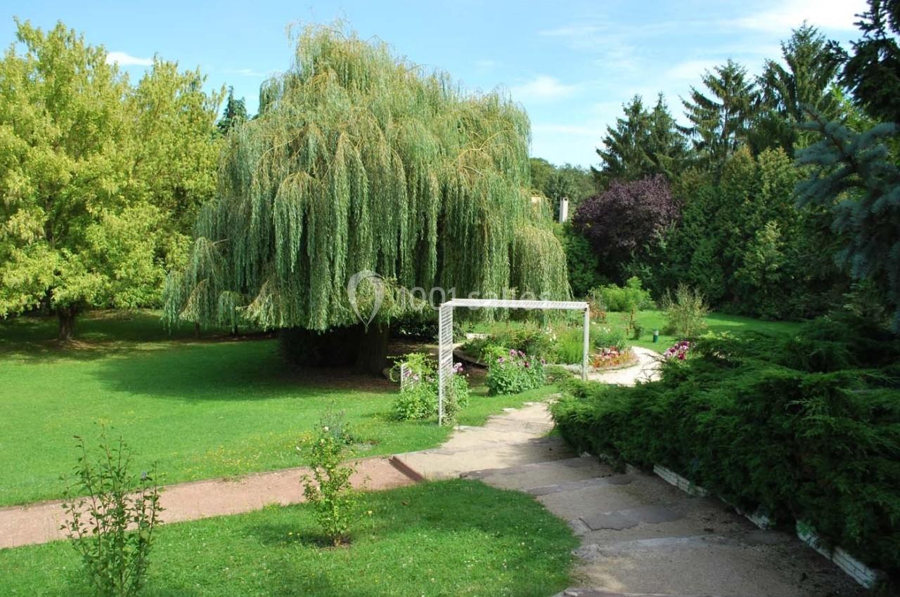 Allée bordée de verdure menant à un jardin avec un grand saule pleureur et des massifs de fleurs.