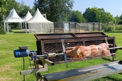 Cour extérieure avec sol en gazon synthétique, tables, chaises empilées et plantes en pots, entourée de bâtiments en bois.