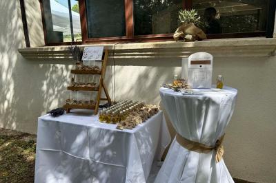 Salon avec canapé beige, fauteuils, table basse, télévision, cheminée en pierre et plafond avec poutres apparentes.