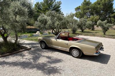 Salon avec canapé beige, fauteuils, table basse, télévision, cheminée en pierre et plafond avec poutres apparentes.