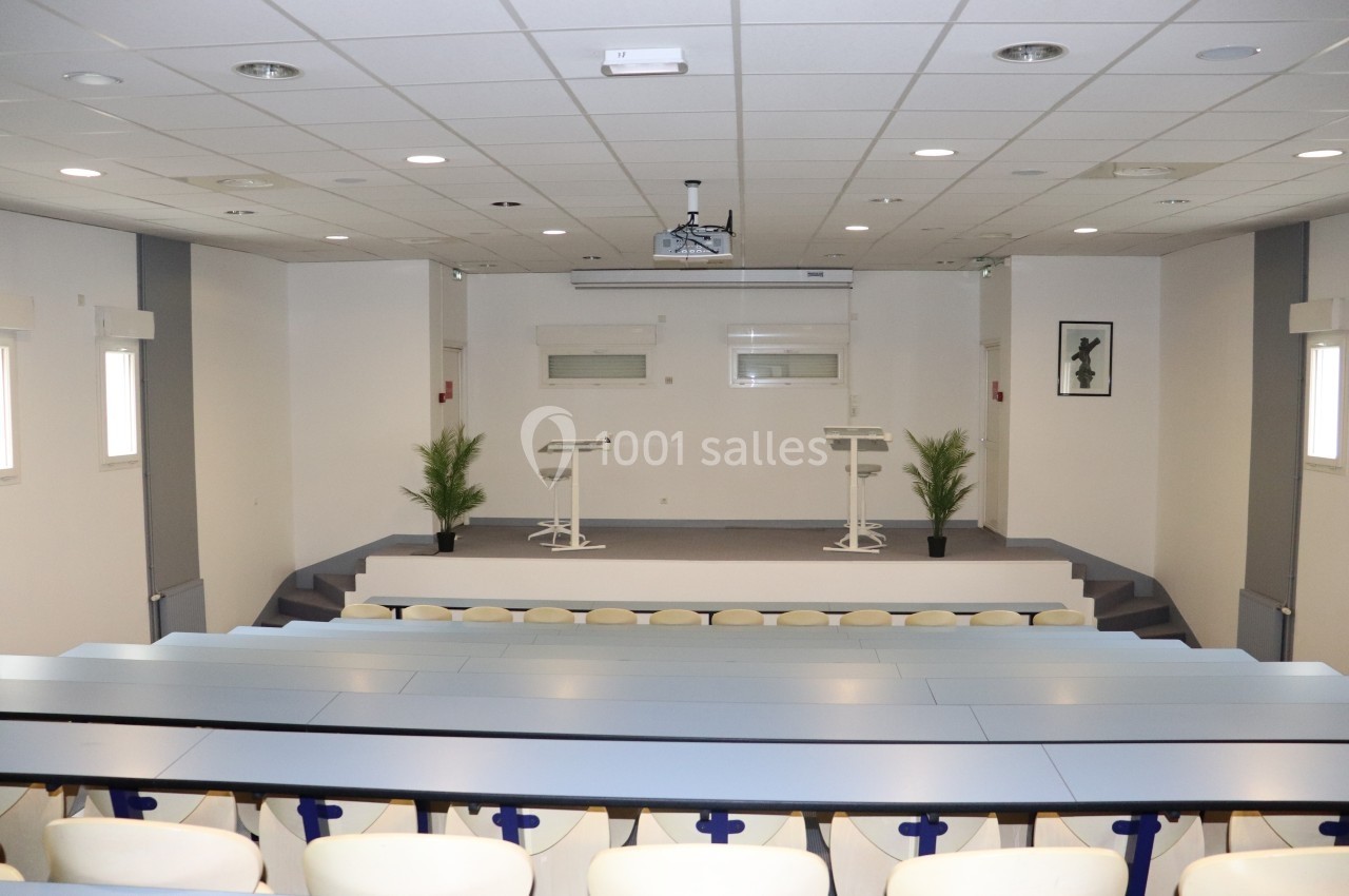Salle de conférence lumineuse avec estrade, deux pupitres, sièges en gradins et plantes décoratives.