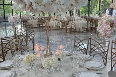 Voiture ancienne blanche stationnée devant une véranda moderne, entourée de végétation et d'arbres.