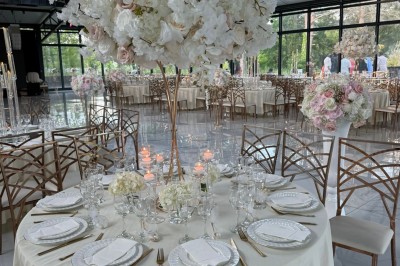 Voiture ancienne blanche stationnée devant une véranda moderne, entourée de végétation et d'arbres.