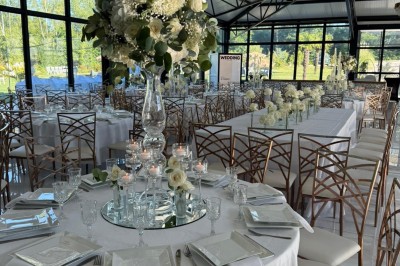 Voiture ancienne blanche stationnée devant une véranda moderne, entourée de végétation et d'arbres.