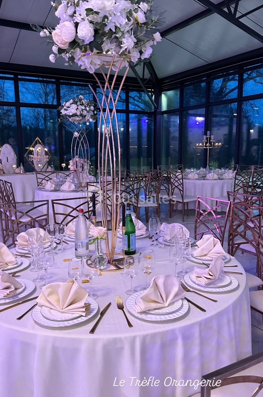 Table élégamment dressée avec nappes blanches, serviettes pliées, vaisselle raffinée et centre de table floral.