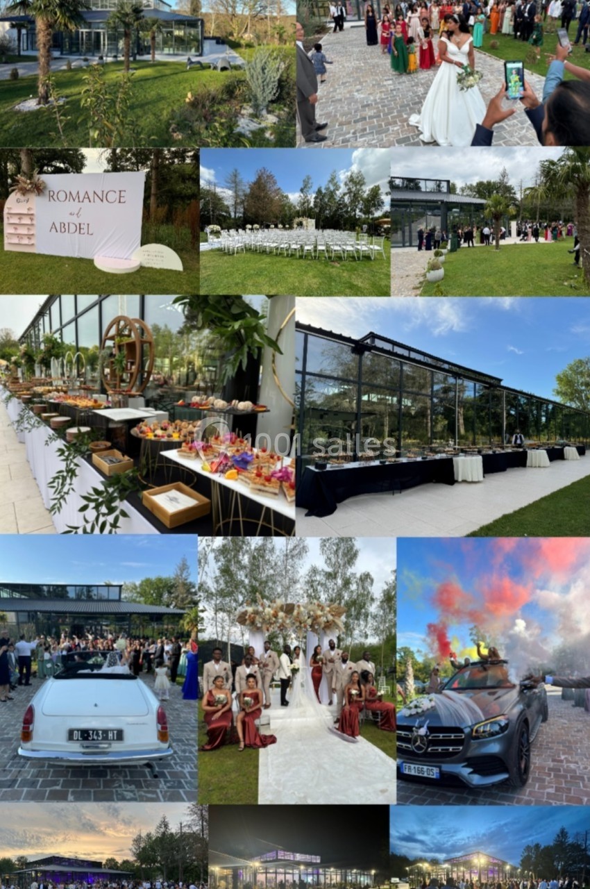 Montage de photos montrant un mariage en extérieur avec invités, décorations, voitures de luxe et une cérémonie dans un…